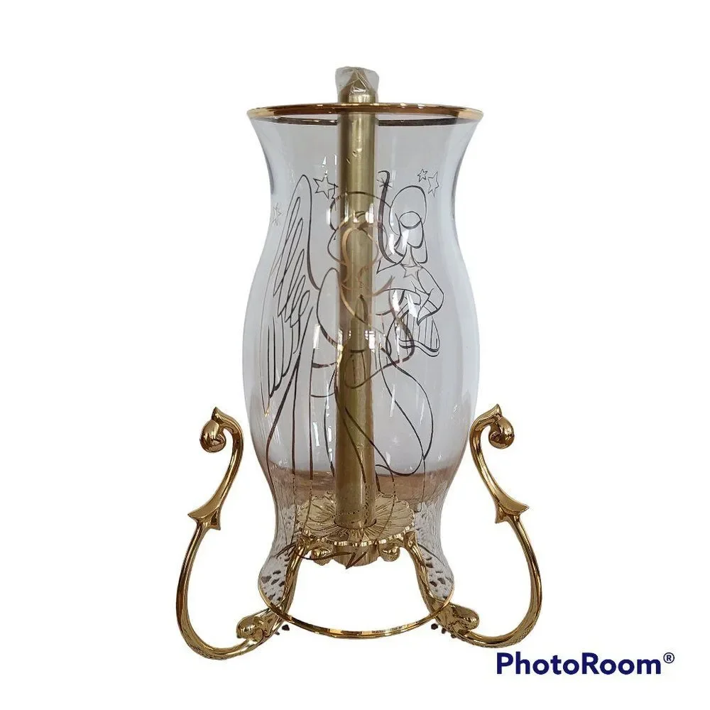 Partylite Versailles Stand Candle Holder With Golden Angel Hurricane Shade P7078